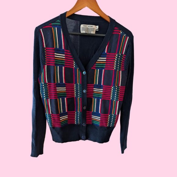 Merino Wool Multicolor Tory Burch Plaid Cardigan - Picture 1 of 8